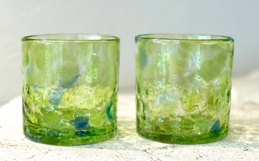 《琉球ガラス匠工房》波の花ロックグラス【緑】2個セット