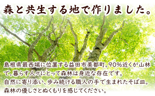 島根県最西端に位置する益田市美都町は森と共生する土地です。森林のやさしさとぬくもりを感じられるそば皿です。