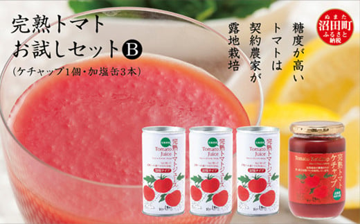 完熟トマトお試しセットB（ケチャップ1個・加塩缶3本）保存料 無添加 国産 北海道産