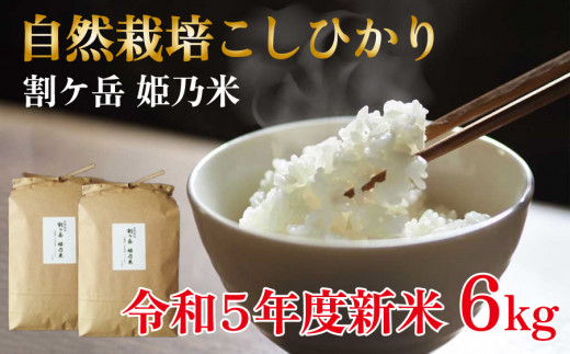 信濃町産コシヒカリ「割ケ岳 姫乃米６kg（3kg×2）」令和5年度の新米 ｜ 農薬未使用の自然米 【2023年11月以降発送】長野県信濃町ふるさと納税