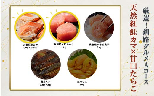 選べる！ 釧路グルメ 海の幸 Aコース（5種類から2品）鮭カマ・甘口たらこ F4F-2007