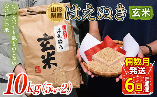 【偶数月発送 6回定期便】山形県産 はえぬき 玄米 《10kg(5kg×2袋)×6回》 FSY-0655 925729 - 山形県山形県庁