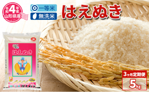 3ヶ月】令和4年産 山形県産 一等米 無洗米はえぬき5kg【定期便】【山形