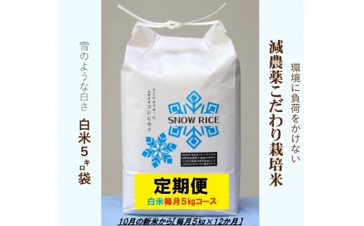[定期便]令和5年産減農薬コシヒカリ「SNOW RICE」白米[毎月5kg×12か月]