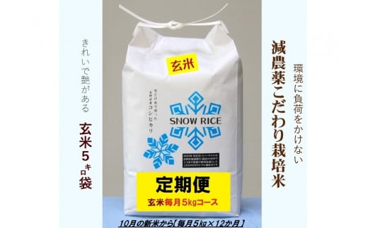 【定期便】令和5年産減農薬コシヒカリ「SNOW RICE」玄米＜毎月5kg×12か月＞ 848434 - 長野県栄村