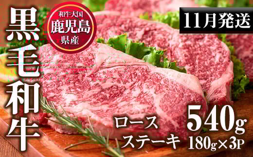 No.510-m11 ＜2025年11月中に発送予定＞鹿児島県産黒毛和牛ロースステーキ(計540g・180g×3P)国産 九州産 牛肉 黒毛和牛 和牛 ロース ステーキ おかず 冷凍【カミチク】