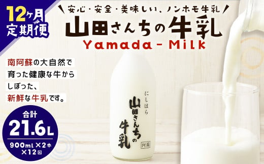 【12ヶ月定期便】山田さんちの牛乳 2本セット 900ml×2本 計12回 合計21.6L ノンホモ牛乳 牛乳 