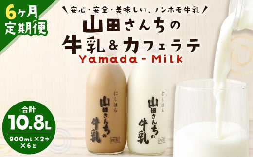 【6ヶ月定期便】山田さんちの牛乳・カフェラテ2本セット 900ml×2本 計6回 合計10.8L ノンホモ牛乳