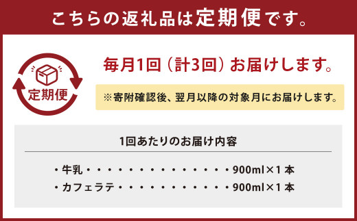 【3ヶ月定期便】山田さんちの牛乳・カフェラテ2本セット 900ml×2本 計3回 合計5.4L ノンホモ牛乳