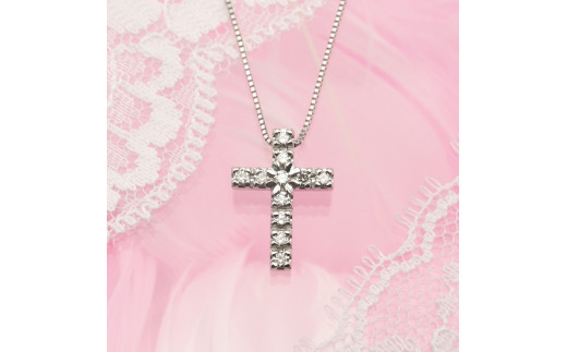 母の日K18WG プチダイヤ付き十字架(クロス)ネックレス　高級　ダイヤ