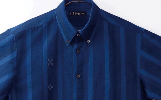 AZ-75 みんさー織 総手織りボタンダウンシャツ（藍ストライプ）Lサイズ