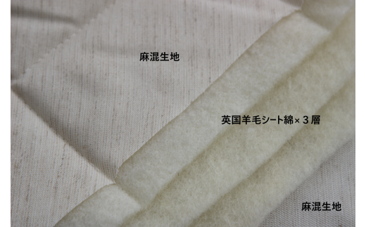 中綿は防縮加工された英国羊毛シート綿が三層構造。