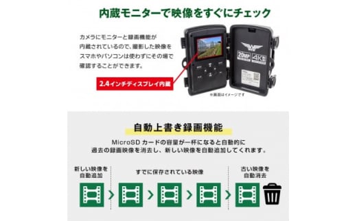 トレイルカメラ 2400万画素 監視・防犯カメラ 乾電池 電源不要 WTW-TRC2932【1407633】｜ふるラボ