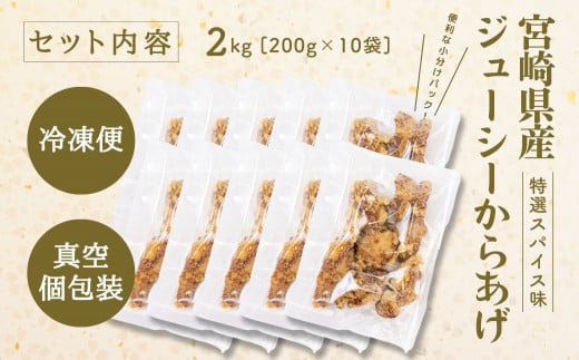 【レンジでプロ味！】宮崎県産ジューシーからあげ 特選スパイス味 200g×10パック／合計2kg A127