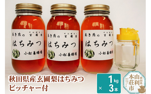 小松養蜂場 はちみつ 秋田県産 100% 玄圃梨蜂蜜 1kg×3本 ピッチャー付