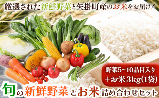 133. 旬の新鮮野菜とお米詰め合わせセット 野菜5～10品目入 青空市きらり《30日以内に出荷予定》岡山県 矢掛町 野菜 野菜詰め合わせ 米 米3kg トマト きゅうり アスパラガス 玉ねぎ リーキ 送料無料 951902 - 岡山県矢掛町