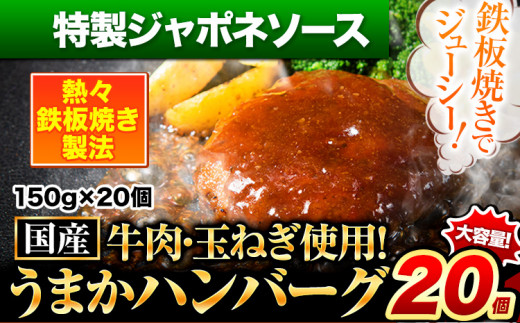 特製ジャポネソースハンバーグ 150g×20個 国産牛肉使用 《7-14営業日以内に出荷予定(土日祝除く)》 冷凍 大容量 玉東町 国産 肉 牛肉 豚肉 返礼品 温めるだけ 小分け 選べる 食べ比べ 簡単 調理 特製 惣菜湯煎 訳あり 人気 子供 熊本 うまかハンバーグ 1408247 - 熊本県玉東町