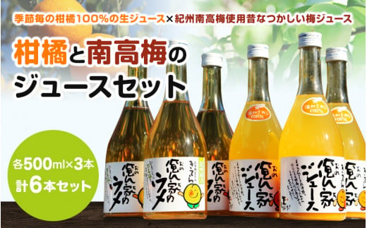 紀州産ミカンジュースと南高梅のジュースセット  季節毎の柑橘ジュース500ｍl×3本、梅ジュース500ｍl×3本 / 和歌山 和歌山県産 田辺市 紀州南高梅 梅  梅ジュース みかん みかんジュース 100％ジュース ジュースセット 924643 - 和歌山県田辺市