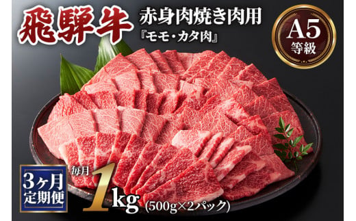 [3ヶ月定期便][A5等級]飛騨牛赤身肉焼き肉用 1kg(500g×2パック)『モモ・カタ肉』[0349]