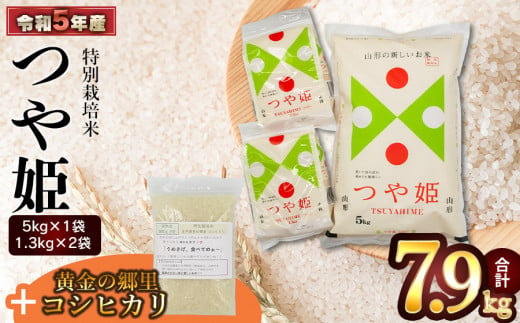 [令和5年産] 庄内産 特別栽培米 つや姫 精米5kg+1.3kg×2袋+[黄金の郷里 コシヒカリ300g] 合計7.9kg食べ比べ