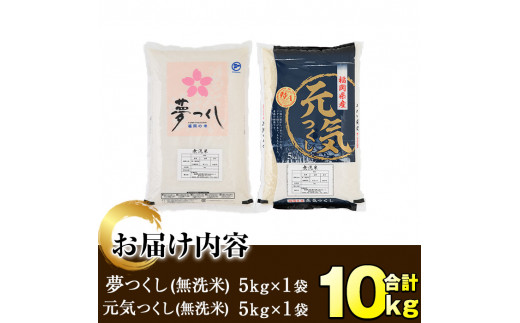 福岡県産米食べ比べ＜無洗米＞「夢つくし」と「元気つくし」セット(計10kg・5kg×2)お米 10キロ ごはん ご飯【ksg0414】【朝ごはん本舗】