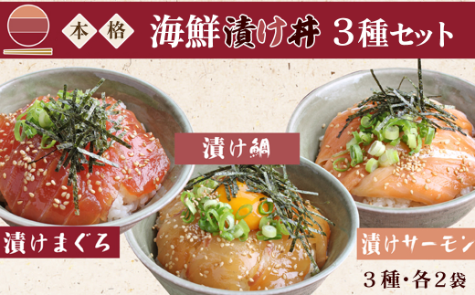 本格 海鮮漬け丼 3種セット（各2袋）６人前 海鮮丼 鮪漬け 鯛漬け サーモン漬け