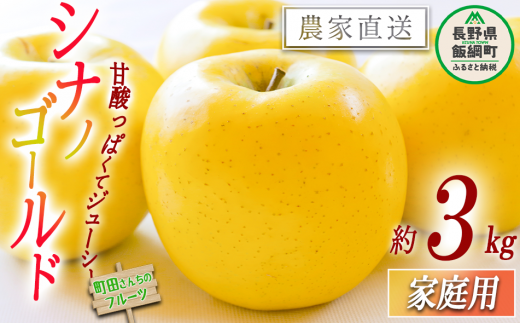 りんご シナノゴールド 家庭用 3kg 町田さんちのりんご 沖縄県への配送不可 2024年11月中旬頃から2025年2月上旬頃まで順次発送予定 令和6年度収穫分 信州 果物 フルーツ リンゴ 林檎 長野 9000円 予約 農家直送 長野県 飯綱町 [1721] 991379 - 長野県飯綱町