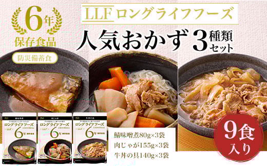 【防災備蓄食/6年保存食品】人気おかず3種類セット9食入り ふるさと納税 備蓄食 保存食 防災食 牛丼 肉じゃが 鯖 京都府 福知山市 985885 - 京都府福知山市