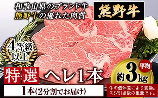 「熊野牛」 特選ヘレ 4等級以上 一本(二分割)  株式会社松源《30日以内に出荷予定(土日祝除く)》和歌山県 岩出市 997628 - 和歌山県岩出市