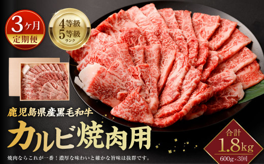鹿児島県産 黒毛和牛 カルビ 焼肉用 600g ×3回 計約1.8kg