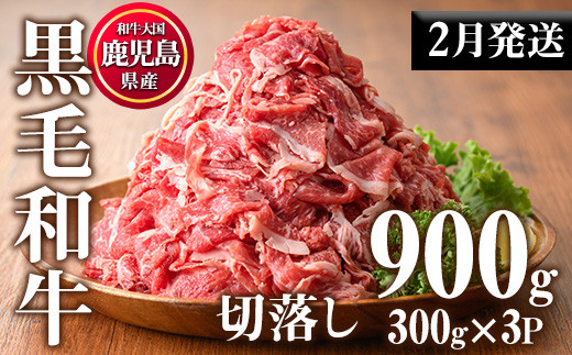 No.1015-m02 ＜2025年2月中に発送予定＞鹿児島県産黒毛和牛切落し(計900g・300g×3P)牛肉 切落し 切り落し 和牛 冷凍 国産 九州産 小分け 国産牛 お肉 牛丼 野菜炒め カレー 冷凍【カミチク】