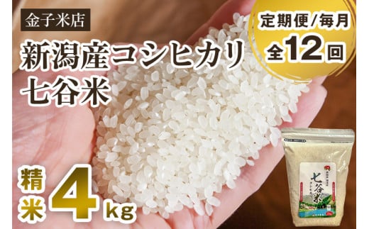 【定期便12ヶ月毎月お届け【2024年先行予約】【令和6年産新米】】老舗米穀店が厳選 新潟産 従来品種コシヒカリ「七谷米」精米4kg（2kg×2）白米 窒素ガス充填パックで鮮度長持ち 金子米店 定期便 1006926 - 新潟県加茂市
