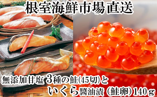 B-11043 無添加天然甘塩鮭3種各15切、いくら醤油漬け(鮭卵)70g×2P