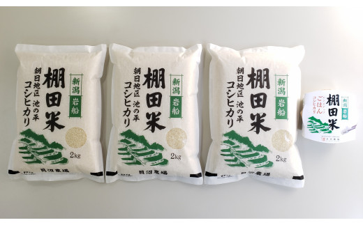 【定期便：10ヶ月連続でお届け】【令和５年産米】岩船産【棚田米コシヒカリ】6kg（2kg×3袋）＋  棚田米コシヒカリのパックごはん(150ｇ×1個)×10ヶ月 E4046 毎月 お米 白米 こしひかり 精米 村上市|(株)貝沼農場