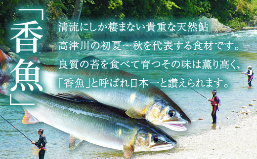 清流にしか棲まない貴重な天然鮎　高津川の初夏から秋を代表する食材です。良質の苔を食べて育つその味は薫り高く、「香魚」と呼ばれます