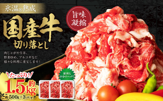 【訳あり】氷温(R)熟成 国産牛 切り落とし 約1.5kg(500g×3)  国産 牛 切り落とし 肉じゃが 牛丼 炒め物 プルコギ 小分け パック 熊本県 水上村 982204 - 熊本県水上村