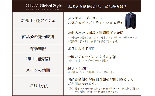 島根県江津市のふるさと納税 GINZA Global Style オーダースーツ 商品券（30,000円券） GS-5 【 グローバルスタイル メンズスーツ 男性 仕立て チケット ファッション お仕立て券 オーダーメイド プレゼント スーツ仕立て 】