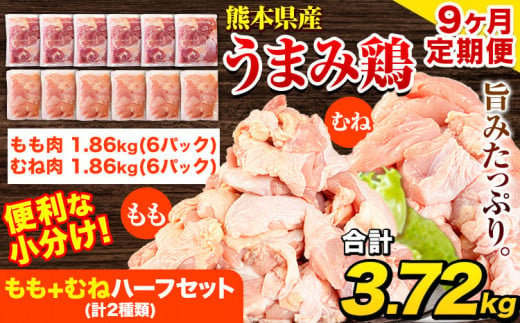 【9ヶ月定期便】 鶏肉 うまみ鶏 もも+むねハーフセット(計2種類) 計3.72kg 若鶏 冷凍 小分け《お申込み月の翌月より出荷開始》 982954 - 熊本県津奈木町