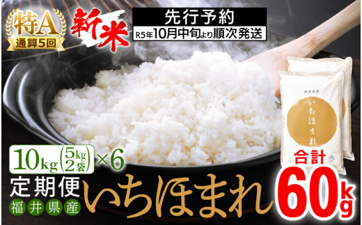 【新米・先行予約】定期便 ≪6ヶ月連続お届け≫ いちほまれ 10kg × 6回（計60kg）特A通算5回！令和5年 福井県産【お米 計60キロ 精米】【2023年10月中旬より順次発送】 [e27-g002]