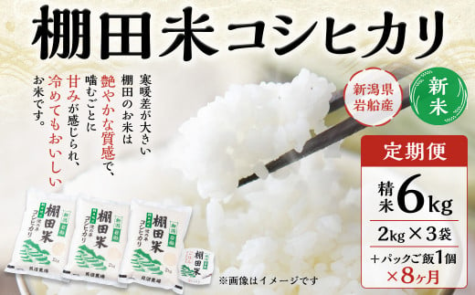 【新米受付・令和6年産米】【定期便：8ヶ月連続でお届け】新潟県岩船産 棚田米コシヒカリ 6kg（2kg×3袋）+パックごはん(150ｇ×1個) ×8ヶ月 1067009N 毎月 新米予約 お米 白米 こしひかり 精米 村上市  985673 - 新潟県村上市