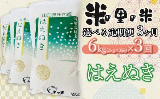[令和6年産 先行予約][3ヶ月定期便] 米の里の米 特別栽培米 はえぬき 6kg(2kg×3袋)×3回