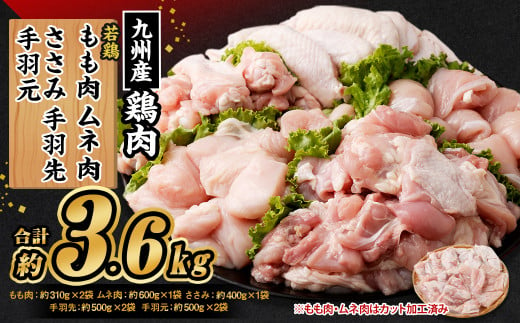 九州産 若鶏もも肉・むね肉・ささみ・手羽先・手羽元セット 合計約3.6kg 1073859 - 熊本県菊池市
