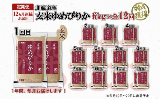 定期便12ヵ月連続12回 北海道産 ゆめぴりか 玄米 3kg×2袋 計6kg 小分け