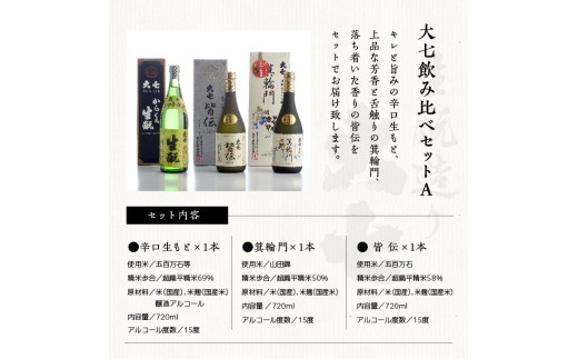 大七飲み比べセットA＞生もと純米大吟醸、純米吟醸、辛口生もと 720ml