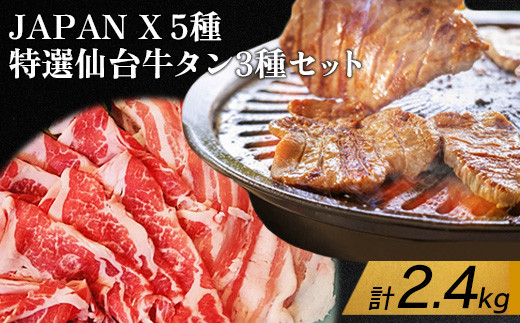 JAPAN X5種と特選仙台牛タン3種セット計2.4kg【塩・味噌・醤油・ロース・肩ロース・豚バラ・豚モモ・小間】