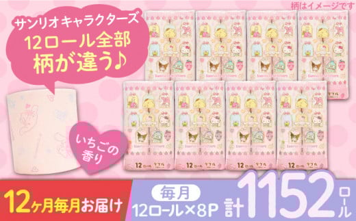 【全12回定期便】トイレットペーパー サンリオ ダブル 25m 12ロール×8パック《豊前市》【大分製紙】プリント キャラクター [VAA036] 備蓄 防災 まとめ買い 日用品 消耗品 常備品 生活用品 大容量 トイレ