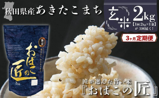 ３ヶ月定期便】秋田県産おばこの匠あきたこまち 2kg （2kg×1袋）玄米