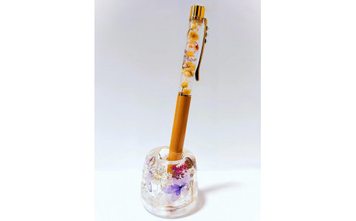 【Art grace】クリスタルハーバリウムボールペン(キャメル)＆ハーバリウムペン立て(ピンク)セット