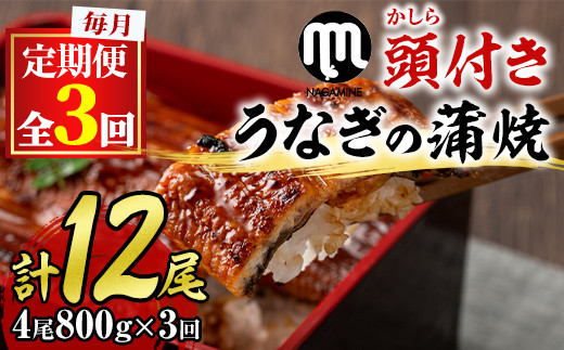 【090902b】＜定期便・全3回＞大隅産うなぎの蒲焼 (計2400g・(200g×4尾)×3回・有頭)うなぎ 高級 ウナギ 鰻 国産 蒲焼 蒲焼き たれ 鹿児島【永峯うなぎ店】