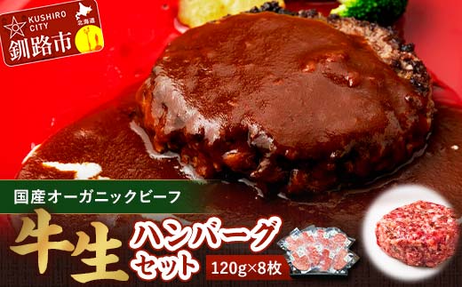 8月発送 釧路生まれ、釧路育ちのオーガニックビーフ 生ハンバーグ120g×8枚   F4F-3495 1132327 - 北海道釧路市
